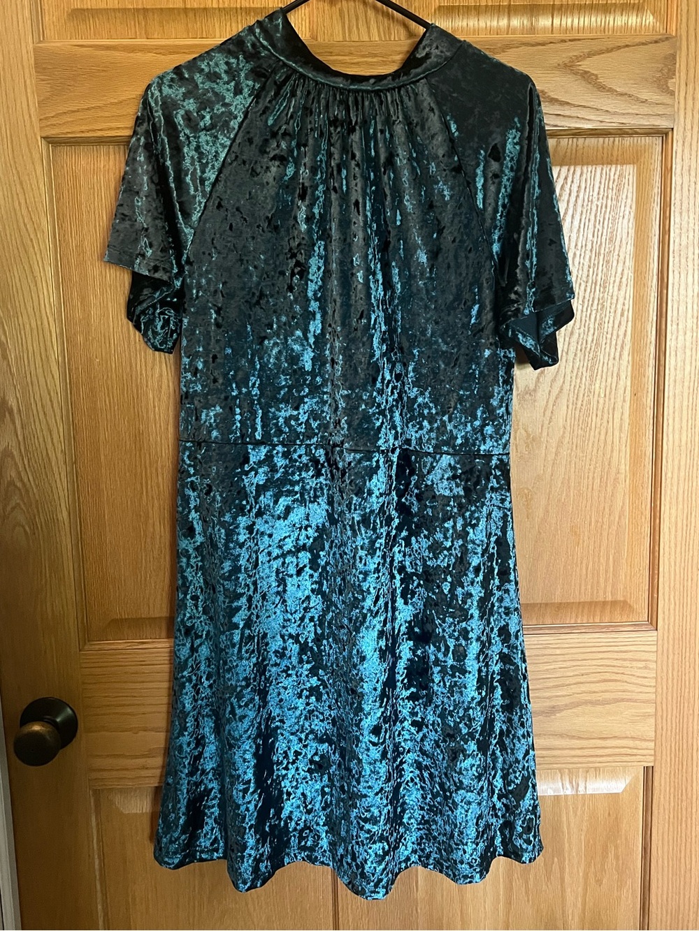 Crushed Velvet Teal Mini Dress with Short Sleeves | Size L